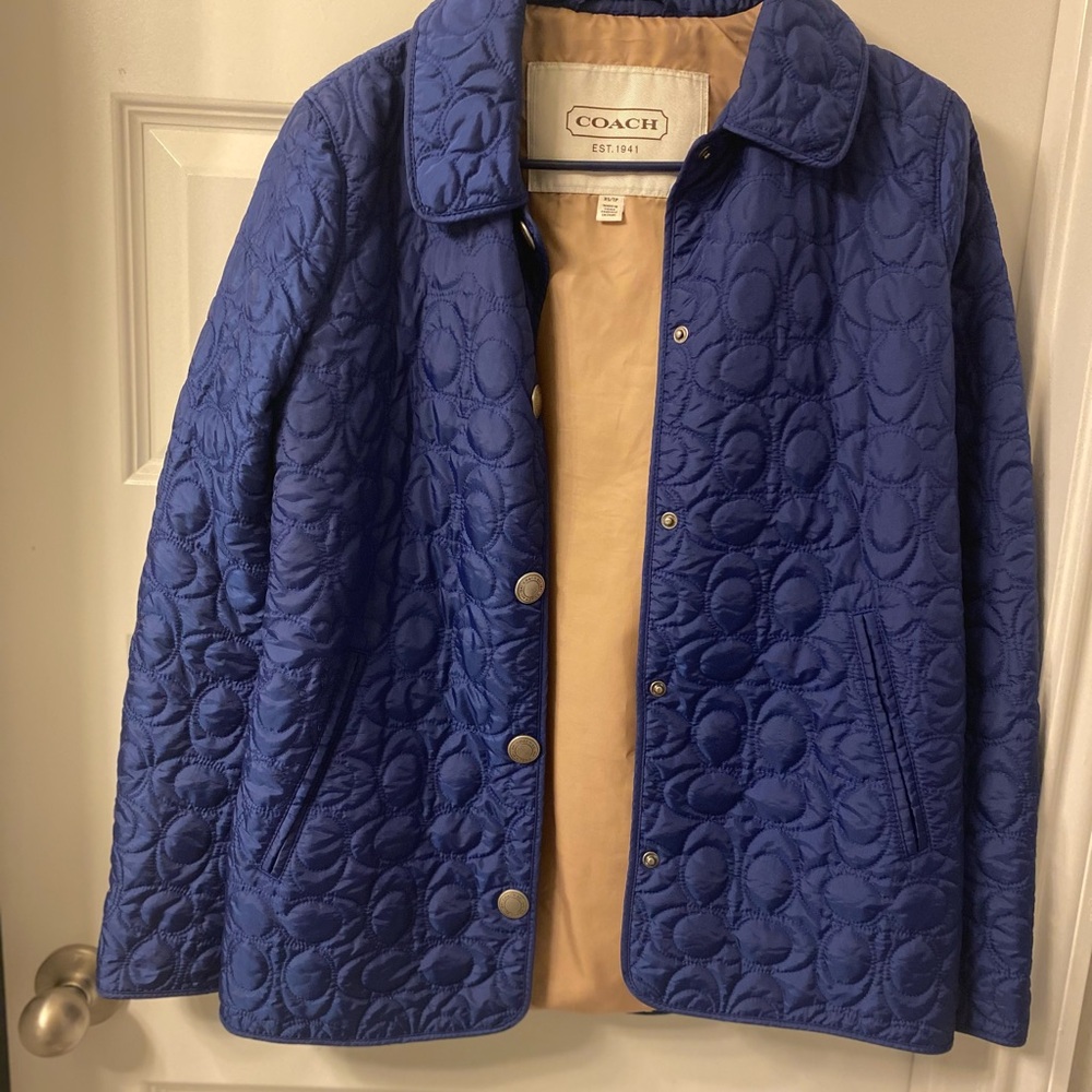 Coach Women's Quilted Signature Monogram Jacket Navy Blue/Tan Size XS Pre-Owned